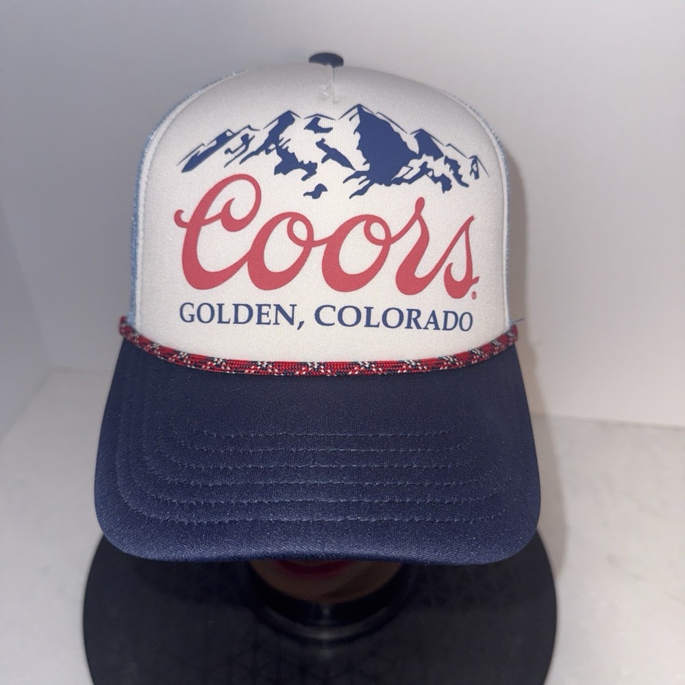 Coors Banquet Golden Colorado Rope Mesh Snapback Trucker Hat Cap White Navy NWT